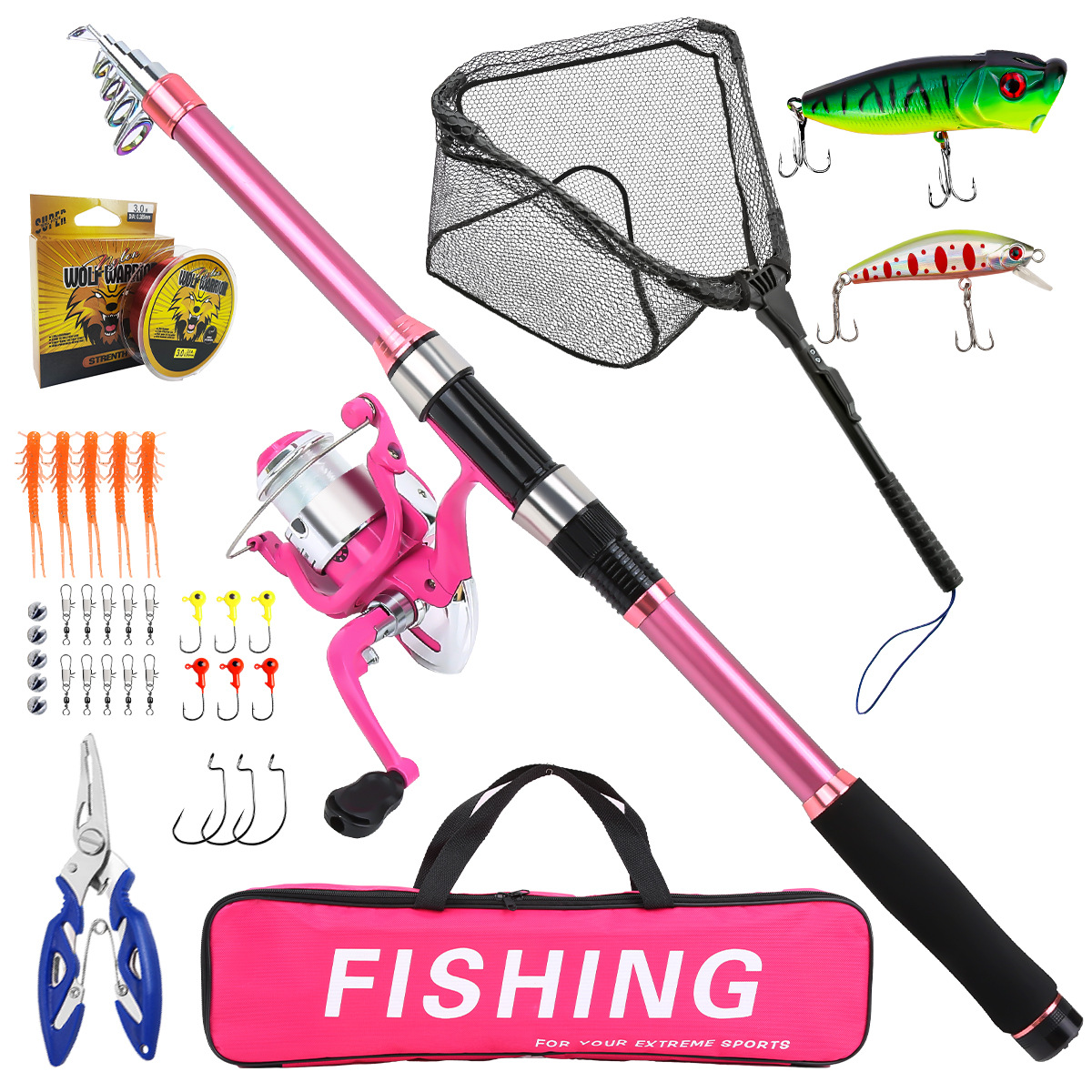 Fishing Rod Combo - ชุดคันเบ็ดตกปลาแบบครบชุด พร้อมคันเบ็ดแบบยืดหดได้ รอกสปินนิ่ง เหยื่อตกปลา ตะขอเบ็ด ชุดคันเบ็ดสำหรับเดินทาง