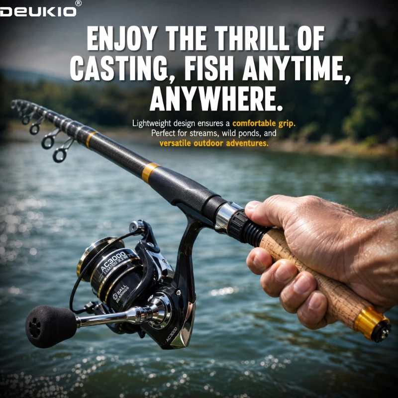 Fishing Rod Spinning - ชุดคันเบ็ดตกปลา DEUKIO พร้อมอุปกรณ์ครบชุด ประกอบด้วยคันเบ็ดตกปลาไฟเบอร์แบบยืดหดได้ขนาด 1.8M/2.1M และรอกตกปลา